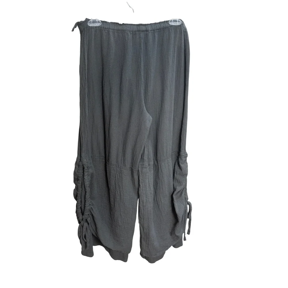 Oh My Gauze Womens Pants Large Greenish Grey Cotton Ruched Drawstring Boho - Picture 2 of 9